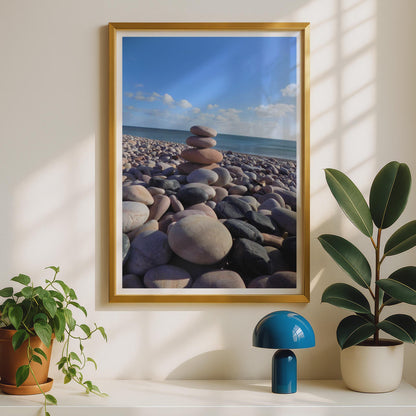 Stacked Pebbles Beach Poster, Zen Stone Cairn Wall Art, Coastal Photography Print, Mindful Ocean Decor, Pebble Shore Seaside Art Print