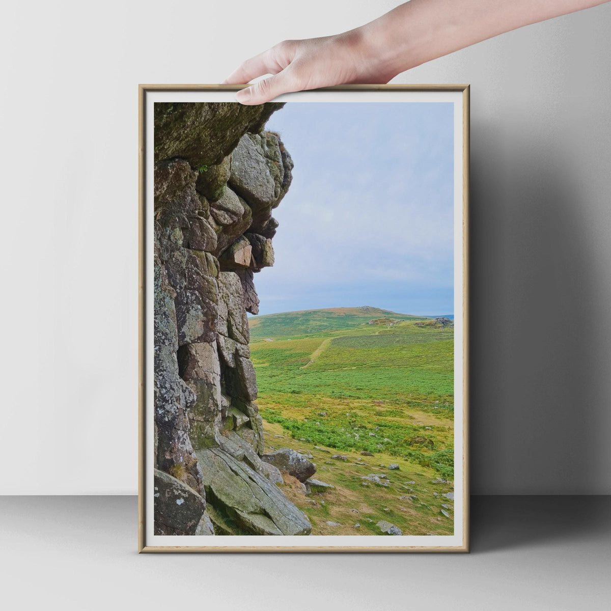 Dartmoor Granite Tor Photography Print, Devon Moorland Landscape Poster, Green Hillside Wall Art, British Countryside Nature Photo Print