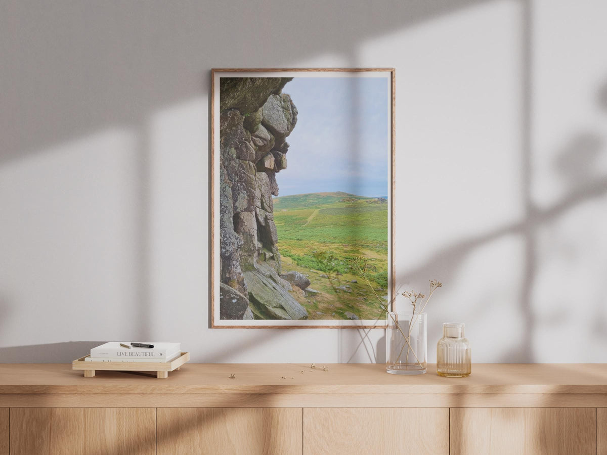 Dartmoor Granite Tor Photography Print, Devon Moorland Landscape Poster, Green Hillside Wall Art, British Countryside Nature Photo Print