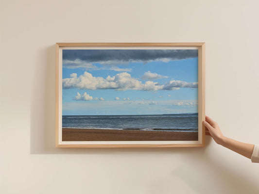 Coastal Beach Seascape Poster, Sandy Shore  Cloudy Blue Sky Framed-Print, British Seaside Wall Art, Ocean Photography Print for Home