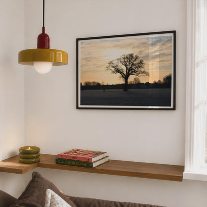 Winter Tree Silhouette Sunset Landscape Poster mockup - Corner Bedroom Mockup - Landscape