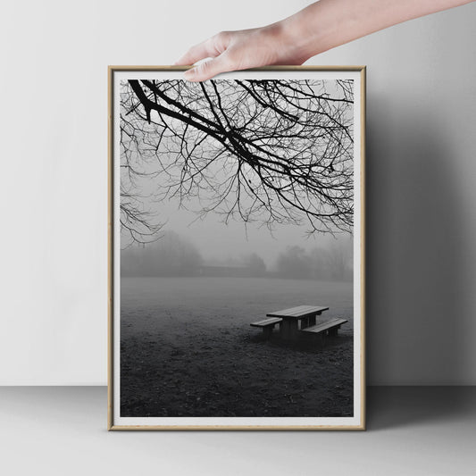 Misty Park Poster, Black and White Tree Print, Foggy Winter Landscape Wall Art, Moody Nature Photography, Grey Atmospheric Home Decor