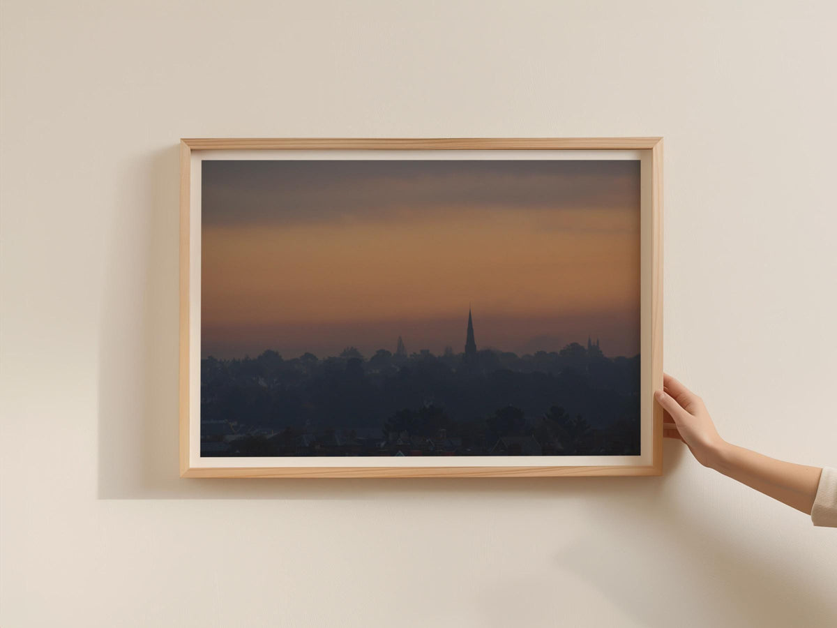Dawn Landscape Skyline Poster, Church Spire Silhouette Framed-Print, Sunset Cityscape Wall Art, Moody Orange Sky, British Town Print