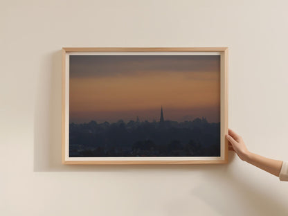 Dawn Landscape Skyline Poster, Church Spire Silhouette Framed-Print, Sunset Cityscape Wall Art, Moody Orange Sky, British Town Print