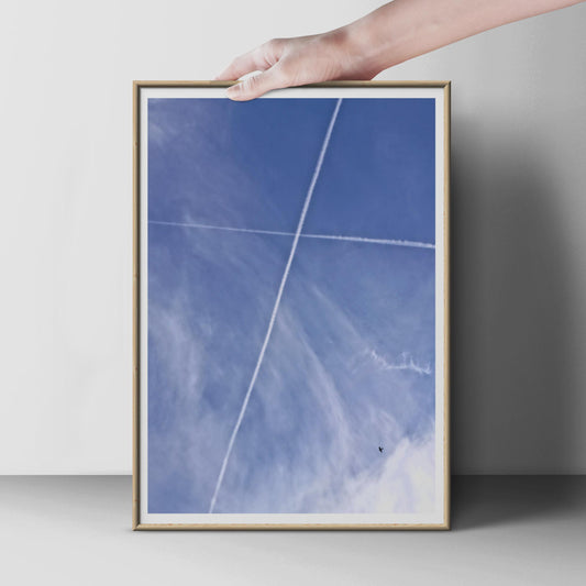 Contrail Sky Photography Poster, Blue Sky Vapour Trails Wall Art, Minimalist Aeroplane Print, Modern Aerial Photo, Contemporary Home Decor