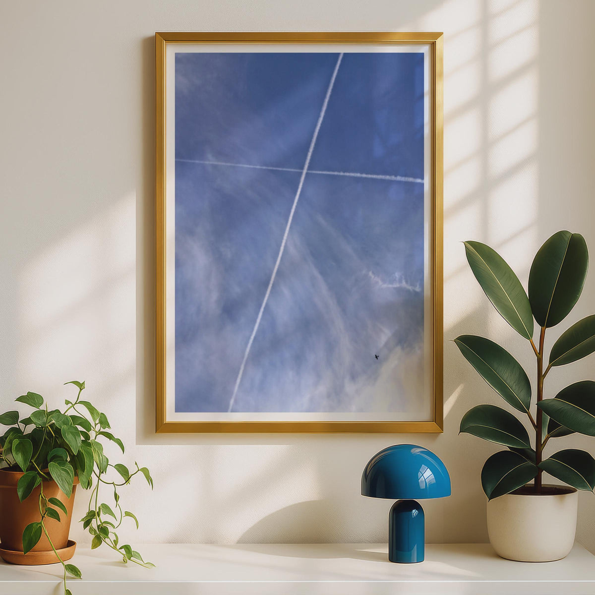 Contrail Sky Photography Poster, Blue Sky Vapour Trails Wall Art, Minimalist Aeroplane Print, Modern Aerial Photo, Contemporary Home Decor