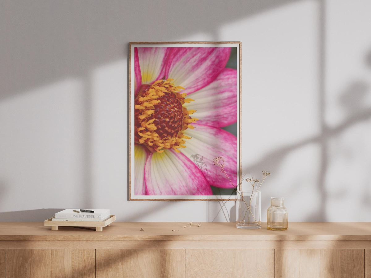 Pink Dahlia Macro Photography Print, Close Up Flower Wall Art, Hot Pink Floral Poster, Botanical Bedroom Decor, Garden Flower Photo Print
