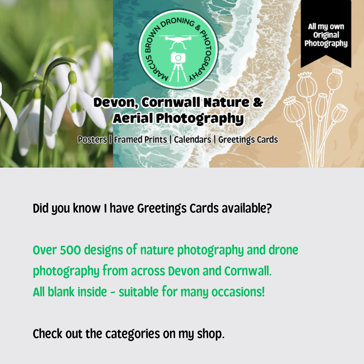 The image is a collage of three images: a close-up of snowdrops, a blurred image of a beach, and a close-up of a flower. The collage is titled "Devon, Cornwall Nature & Aerial Photography" and includes text about the availability of greeting cards.