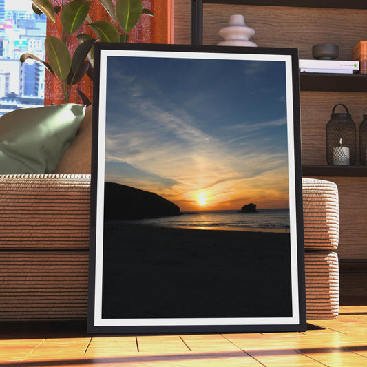 Coastal Sunset Beach Poster, Seaside Silhouette Wall Art, Orange Sky Photography Print, Dusk Seascape, Cornish Coast Portrait Photo Print