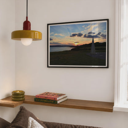 Coastal Sunset Obelisk Poster mockup - Corner Bedroom Mockup - Landscape