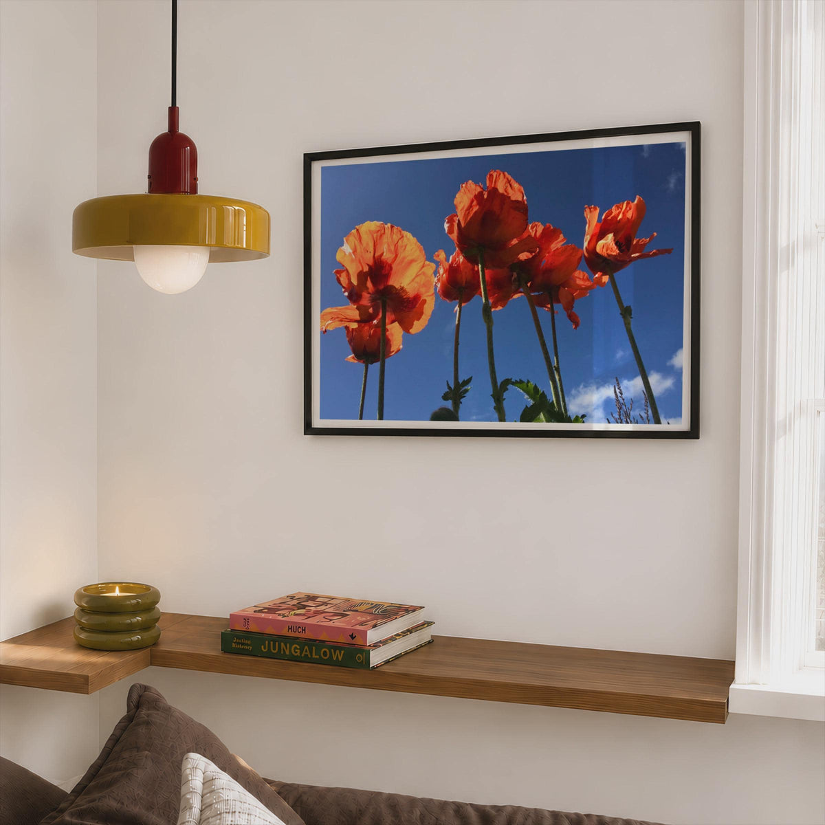Red Poppy Flower Poster, Vibrant Floral Framed-Print, Orange Poppies Blue Sky Wall Art, Bold Summer Flower Photography Print