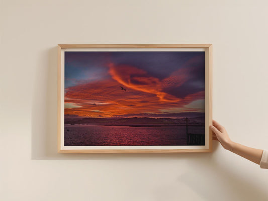 Fiery Sunset Coastal Landscape Poster, Dramatic Sky Seagull Seascape Framed-Print, Red Orange Estuary Wall Art, Dusk Photography Print