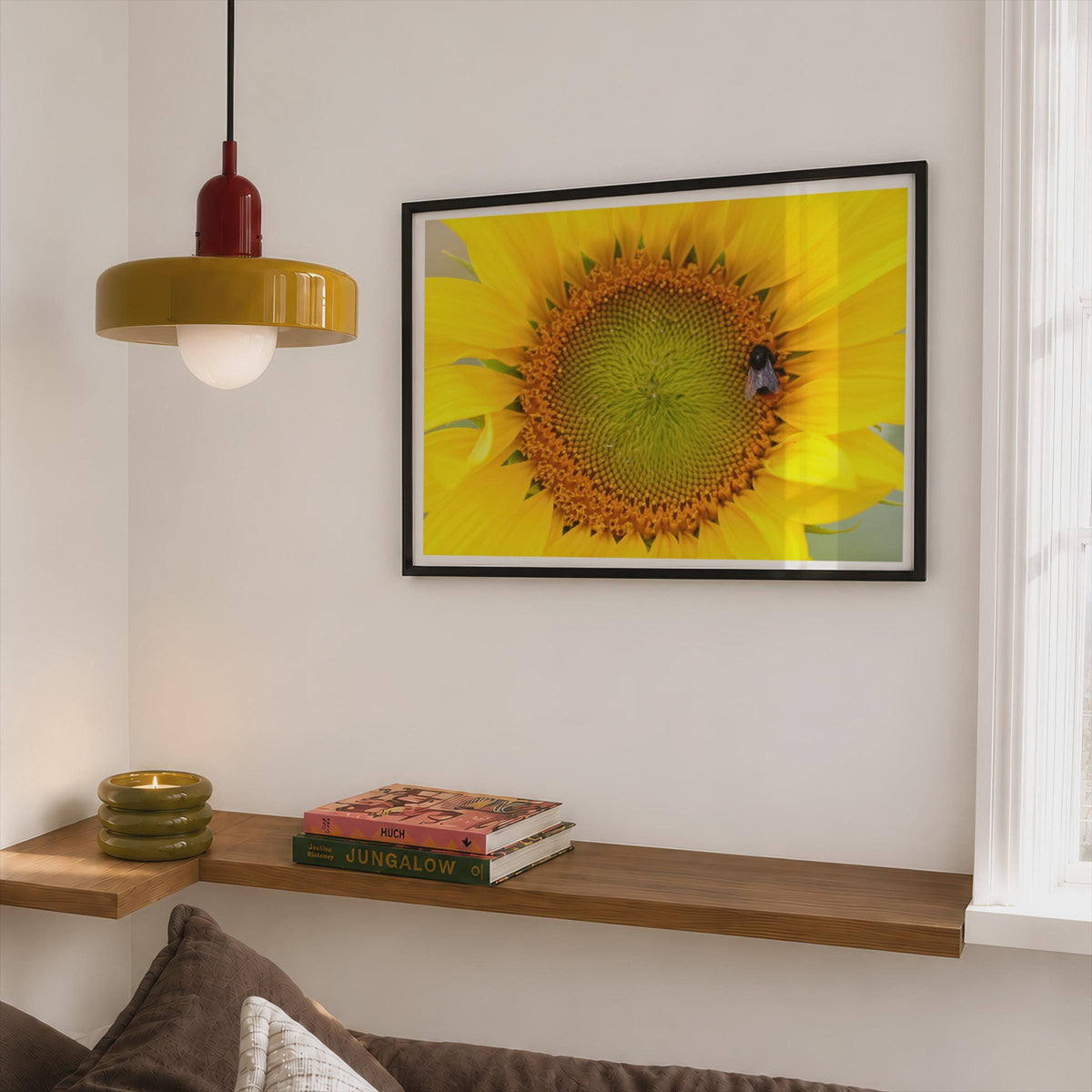 Sunflower Bee Poster, Close Up Macro Floral Wall Art, Yellow Flower Framed-Print, Nature Photography, Summer Botanical Decor