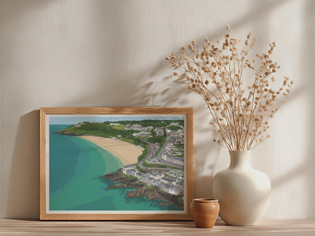St Ives Cornwall Beach Aerial View Poster, Coastal Framed-Print, Porthminster Bay Wall Art, Illustrated Cornwall Gift