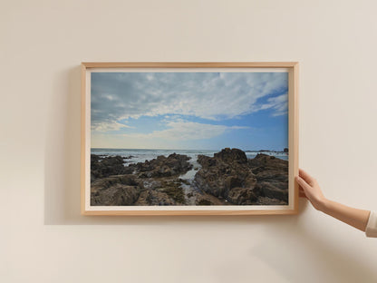Rocky Coastline Seascape Poster, Coastal Wall Art, Framed-Print, Blue Sky Ocean Photography, Beach Rock Pool, Seaside Home Decor Gift