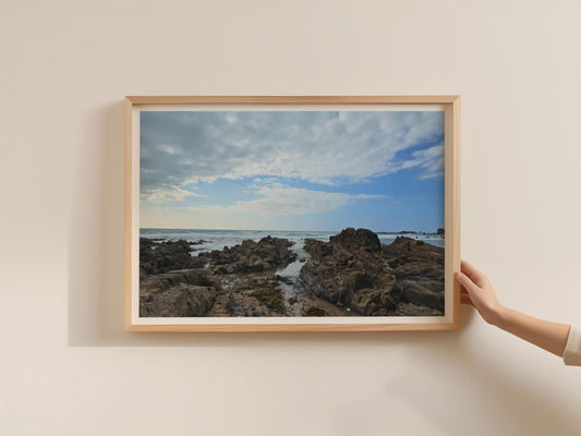 Rocky Coastline Seascape Poster, Coastal Wall Art, Framed-Print, Blue Sky Ocean Photography, Beach Rock Pool, Seaside Home Decor Gift