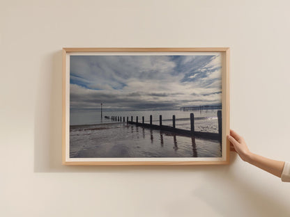 Seaside Groyne Beach Poster, Coastal Pier Framed-Print, Moody Sky Seascape, British Seaside Wall Art, Grey Blue Ocean, UK Beach Photography