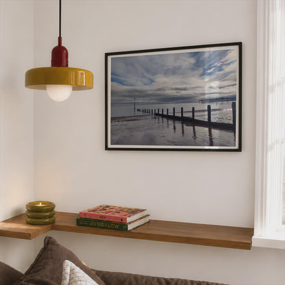Seaside Groyne Beach Poster, Coastal Pier Framed-Print, Moody Sky Seascape, British Seaside Wall Art, Grey Blue Ocean, UK Beach Photography
