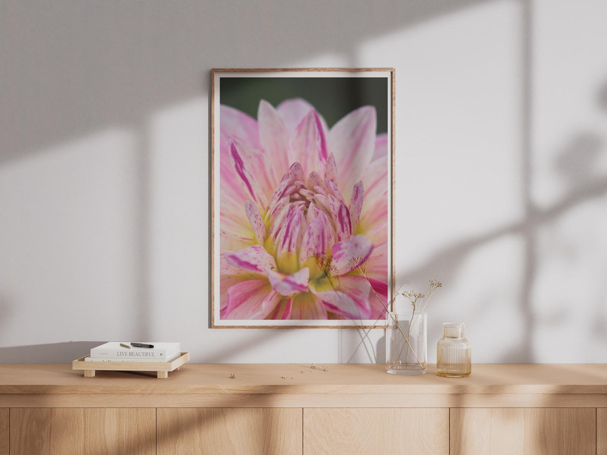 Pink Dahlia Close Up Flower Photography Print, Botanical Wall Art, Floral Poster, Macro Garden Photo, Pink and Yellow Bedroom Decor