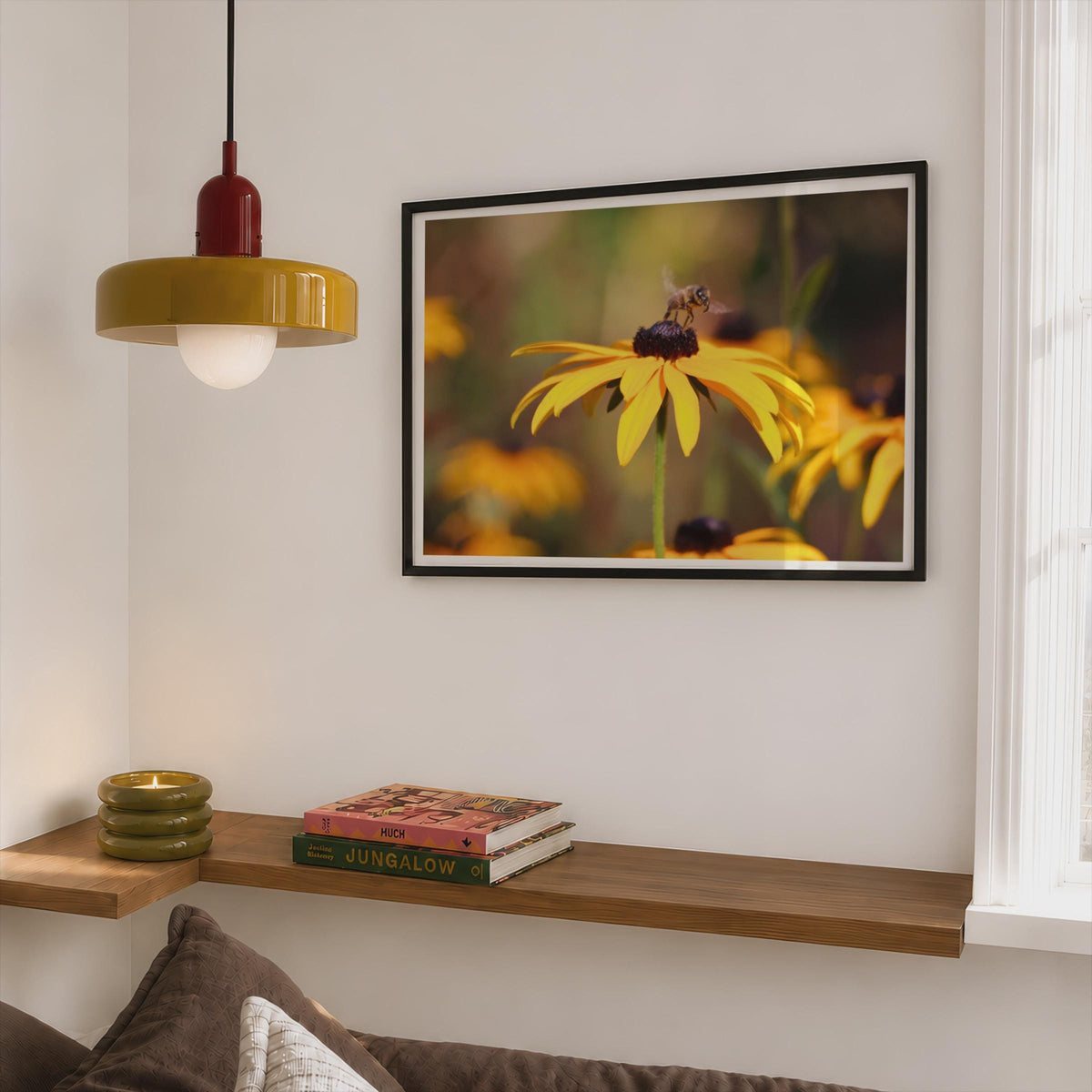 Bee on Black-Eyed Susan Poster, Rudbeckia Wildflower Framed-Print, Yellow Botanical Wall Art, Garden Wildlife Photography Print