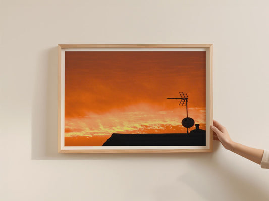 Rooftop Sunset Silhouette Poster, Orange Sky TV Aerial Wall Art, Urban Dusk Framed-Print, Dramatic Skyline Photography Print