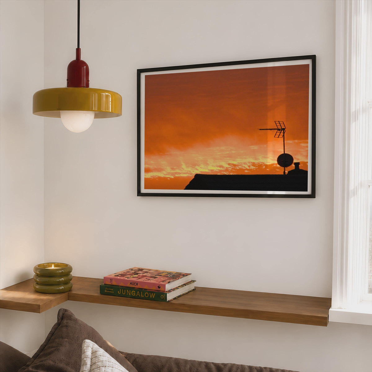 Rooftop Sunset Silhouette Poster mockup - Corner Bedroom Mockup - Landscape