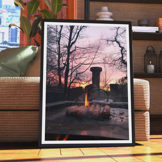 Sausages on the BBQ at Sunset Poster, Outdoor Cooking Wall Art, Fire Pit Print, Dusk Sky, Kitchen or Garden Room Decor