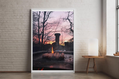 Sausages on the BBQ at Sunset Poster, Outdoor Cooking Wall Art, Fire Pit Print, Dusk Sky, Kitchen or Garden Room Decor