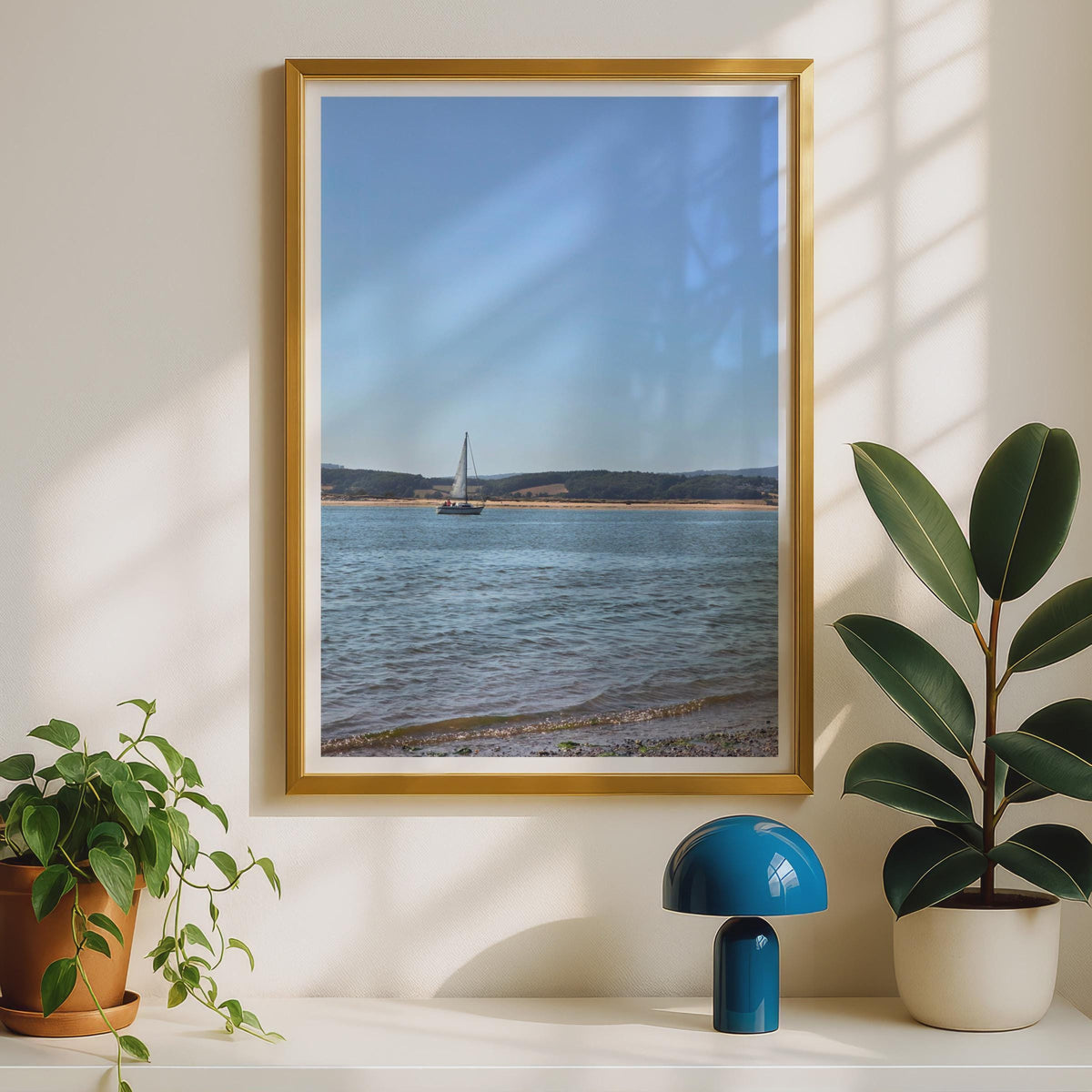 Sailboat Coastal Photography Print, Blue Sky Seascape Wall Art, Sailing Boat Poster, Nautical Home Decor, Beach Estuary Landscape Photo