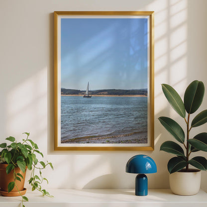 Sailboat Coastal Photography Print, Blue Sky Seascape Wall Art, Sailing Boat Poster, Nautical Home Decor, Beach Estuary Landscape Photo