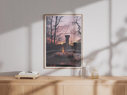 Sausages on the BBQ at Sunset Poster, Outdoor Cooking Wall Art, Fire Pit Print, Dusk Sky, Kitchen or Garden Room Decor