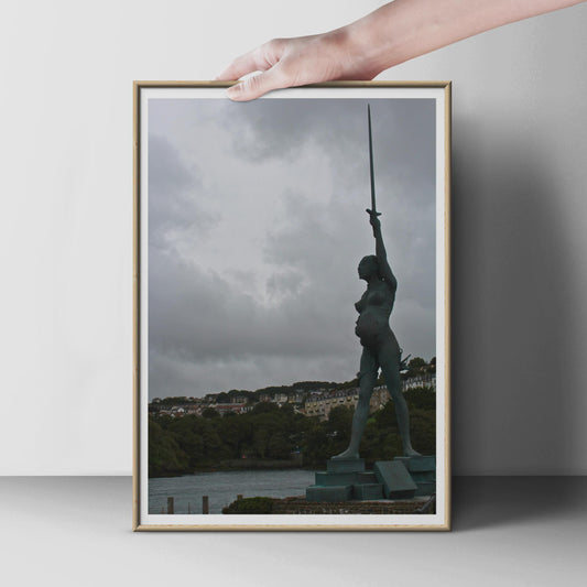 Verity Statue Ilfracombe Print, Damien Hirst Bronze Sculpture, Devon Coastal Wall Art, Dramatic Moody Sky Photography Poster