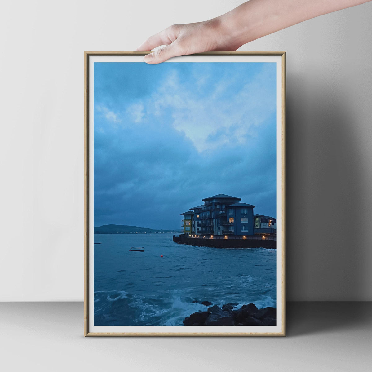 Stormy Coastal Twilight Photography Print, Moody Blue Seaside Poster, British Harbour Wall Art, Dramatic Dusk Seascape, Coastal Home Decor