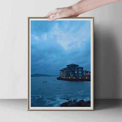 Stormy Coastal Twilight Photography Print, Moody Blue Seaside Poster, British Harbour Wall Art, Dramatic Dusk Seascape, Coastal Home Decor
