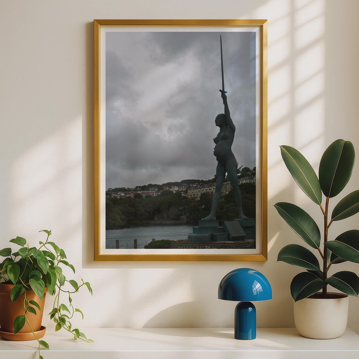 Verity Statue Ilfracombe Print, Damien Hirst Bronze Sculpture, Devon Coastal Wall Art, Dramatic Moody Sky Photography Poster