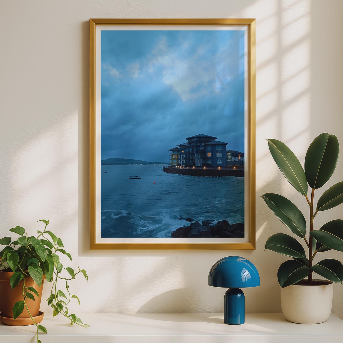 Stormy Coastal Twilight Photography Print, Moody Blue Seaside Poster, British Harbour Wall Art, Dramatic Dusk Seascape, Coastal Home Decor