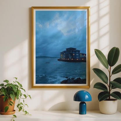 Stormy Coastal Twilight Photography Print, Moody Blue Seaside Poster, British Harbour Wall Art, Dramatic Dusk Seascape, Coastal Home Decor