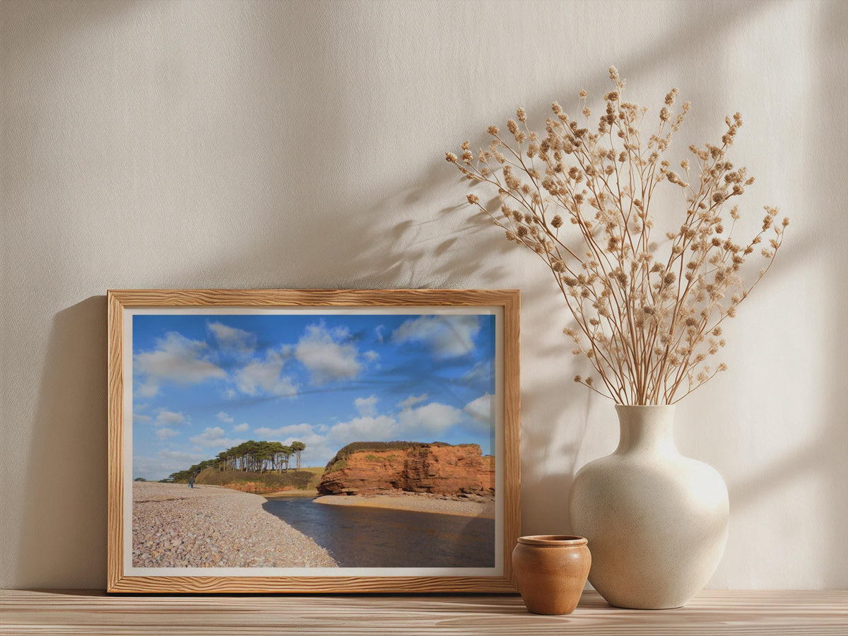 Devon Red Sandstone Cliffs Coastal Poster, Budleigh Salterton Beach Framed-Print, British Seaside Wall Art, Pebble Beach Blue Sky Print