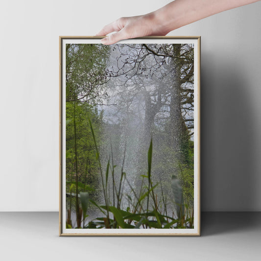 Water Fountain Spray Through Trees Poster, Garden Nature Photography Print, Green Forest Wall Art, Misty Woodland Portrait Photo Print