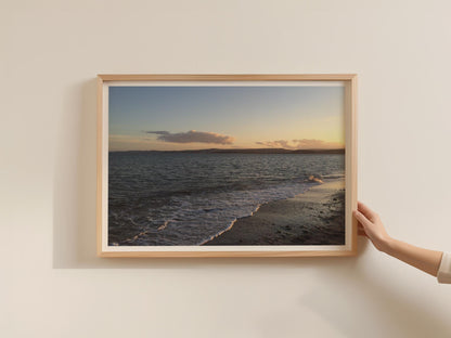Coastal Sunset Seascape Poster, Beach Shoreline Framed-Print, Golden Sky Ocean Wall Art, Seaside Landscape, Calm Waves Dusk Photography