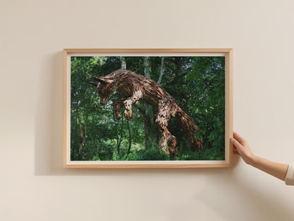 Leaping Fox Wood Sculpture Poster, Forest Wildlife Framed-Print, Rustic Nature Art, Woodland Animal Wall Art, Fox Lover Gift Print