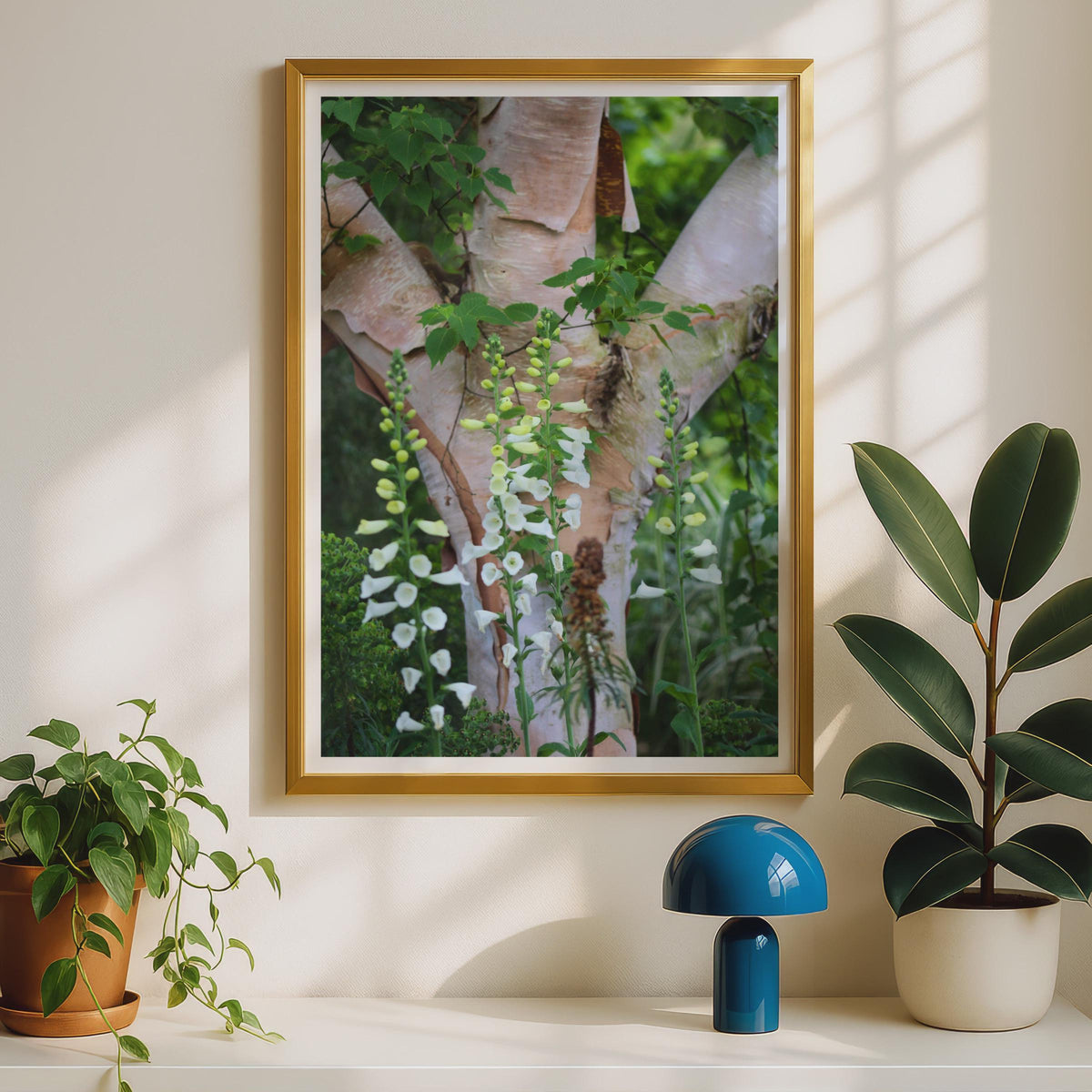 White Foxglove Flower Print, Birch Tree Bark Botanical Poster, Garden Wall Art, Nature Photography, Green Woodland Floral Home Decor