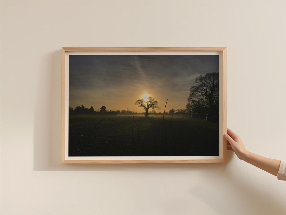 Misty Sunrise Landscape Poster, Silhouette Tree Dawn Framed-Print, Winter Morning Field Wall Art, Moody Nature Photography Print