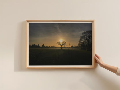 Misty Sunrise Landscape Poster, Silhouette Tree Dawn Framed-Print, Winter Morning Field Wall Art, Moody Nature Photography Print