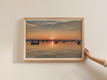 Harbour Sunset Landscape Poster, Moored Boats Coastal Framed-Print, Golden Sky Seascape Wall Art, Nautical Home Decor, Dawn and Dusk Print