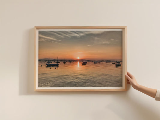 Harbour Sunset Landscape Poster, Moored Boats Coastal Framed-Print, Golden Sky Seascape Wall Art, Nautical Home Decor, Dawn and Dusk Print