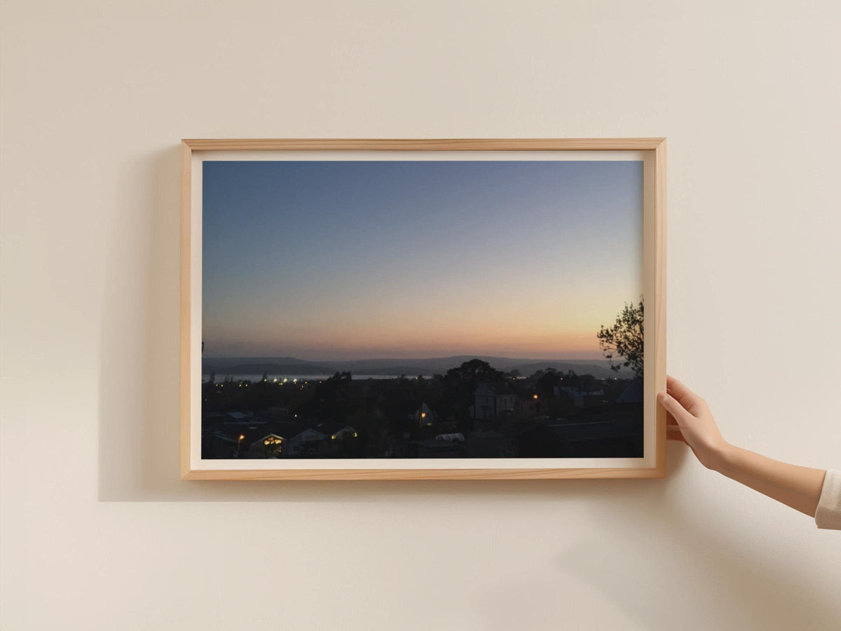 Dusk Over Town and Estuary Landscape Poster, Twilight Sky Framed-Print, Blue Pink Sunset Wall Art, Coastal Town Print