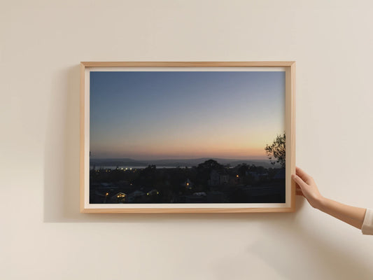 Dusk Over Town and Estuary Landscape Poster, Twilight Sky Framed-Print, Blue Pink Sunset Wall Art, Coastal Town Print