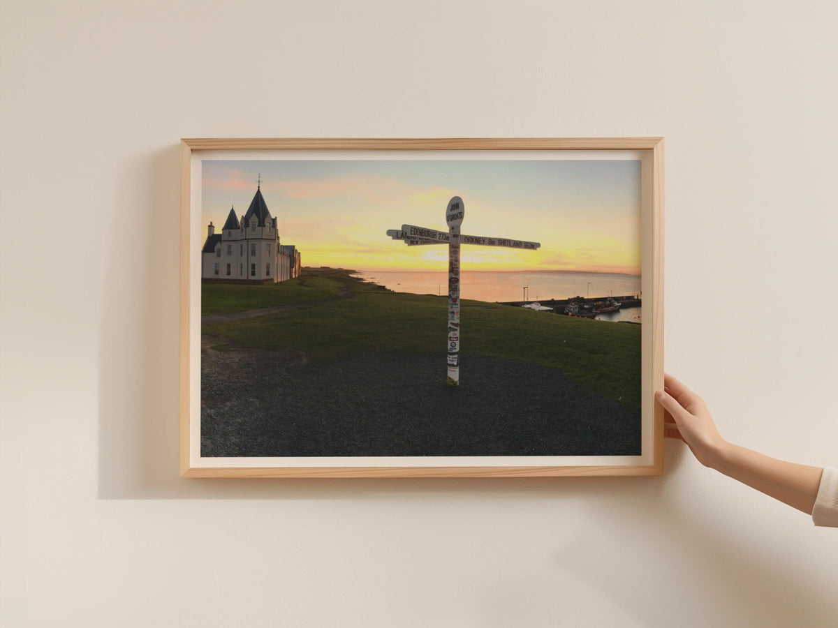 John O'Groats Sunset Poster, Scotland Landscape Framed-Print, Famous Signpost Wall Art, Scottish Coast Photography Print