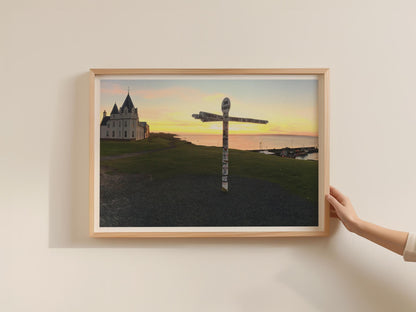 John O'Groats Sunset Poster, Scotland Landscape Framed-Print, Famous Signpost Wall Art, Scottish Coast Photography Print